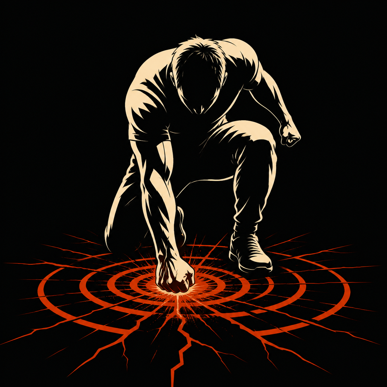 A human figure drives one fist into the ground as controlled energy radiates outward